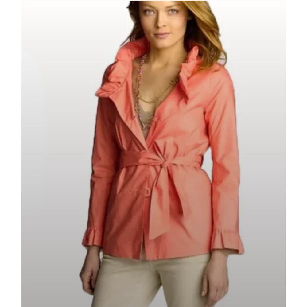 J Crew Frenchie Slicker Jacket Women's Size 10 Coral Ruffle Lightweight Belted